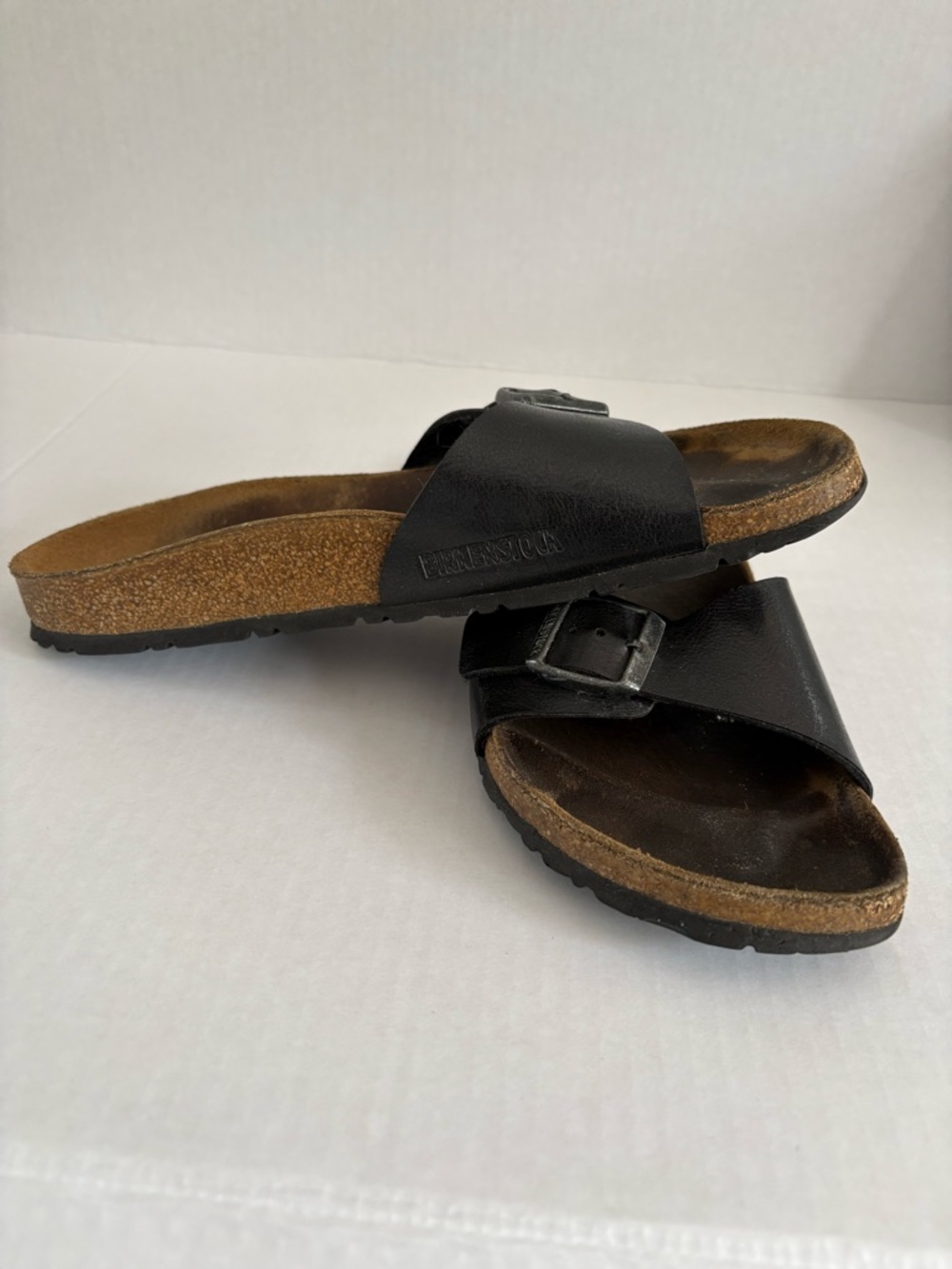 Birkenstock Madrid Birko-Flor Black Single Strap Slide Sandals with Buckle Sz:40